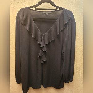 Adrianna Papell Black Ruffle V-Neck Blouse | Long Sleeve Elegant Top | Size L